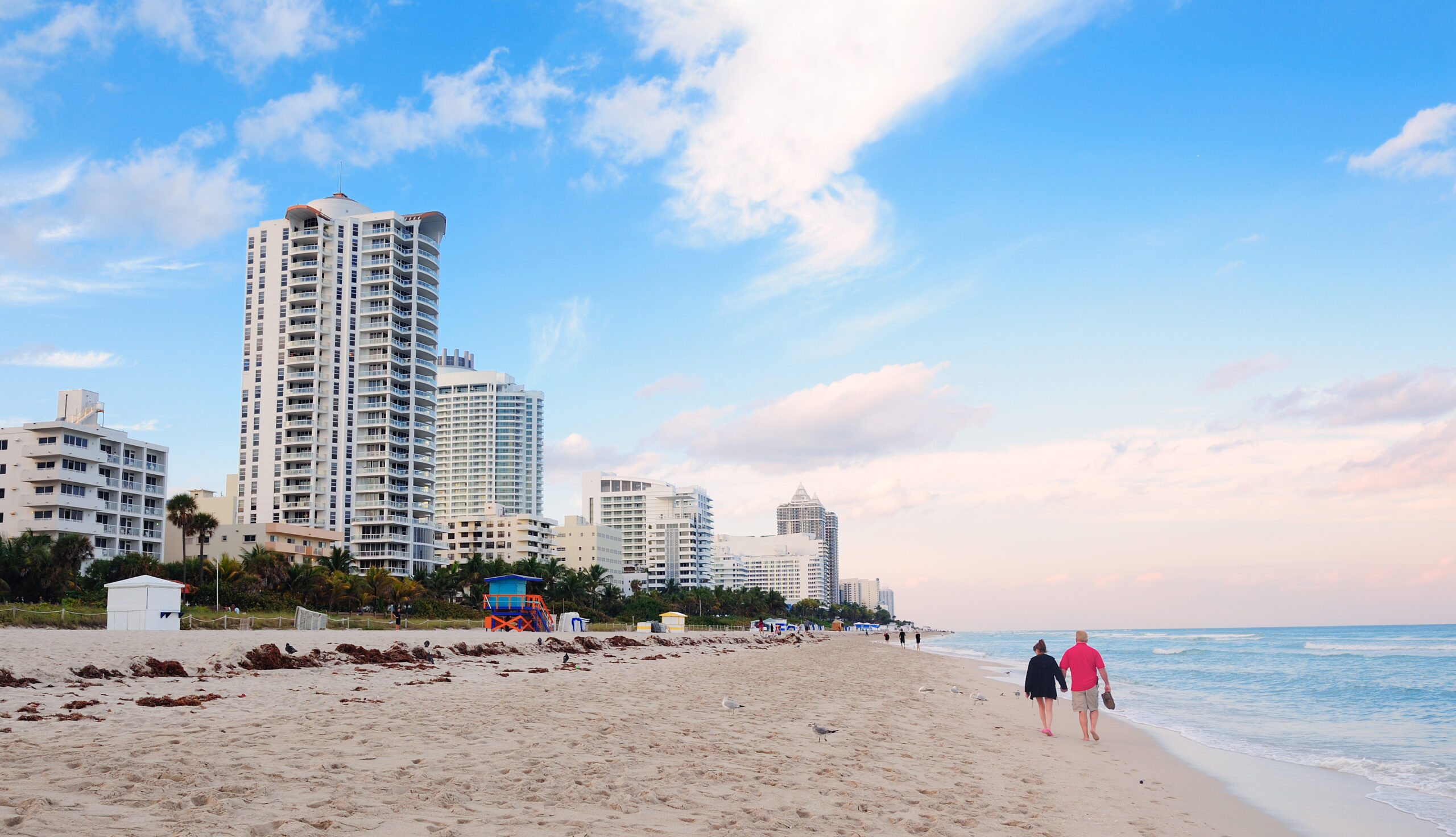 Miami South Beach with blue sky and hotels